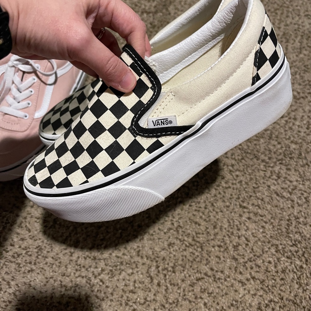 Vans platform Women's Black and Cream Checkered Slip-On Sneakers